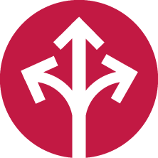 An icon of a circle containing one line that branches into three separate lines with arrows at the ends.