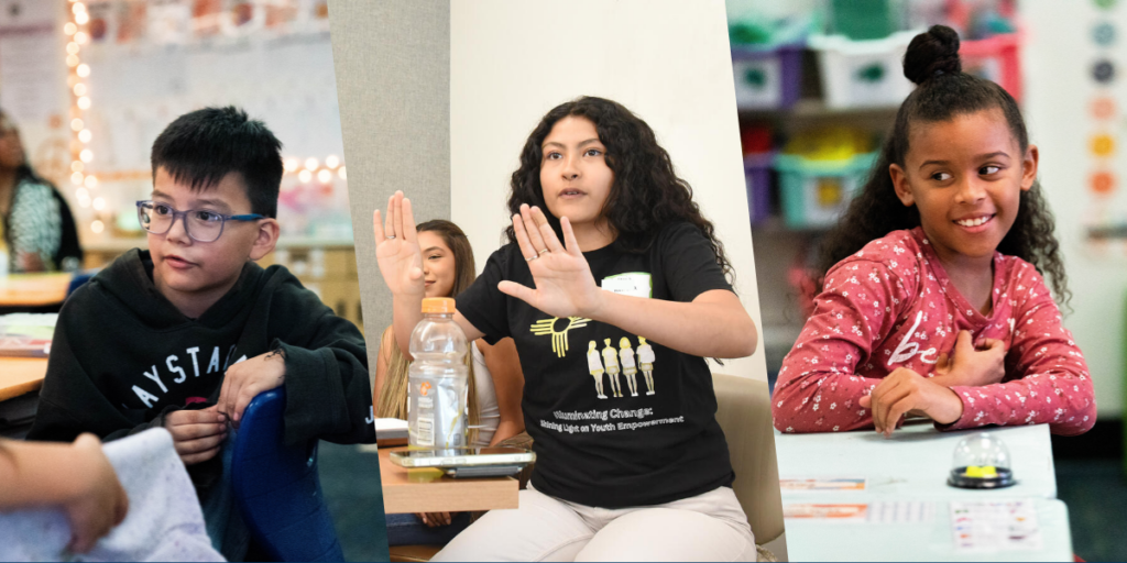 Header image: On the left and right, students collaborating in classrooms across Phoenix, AZ. In the center, students participating in student-led programming in Albuquerque, NM