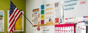 Photo of posters and an American flag in a classroom