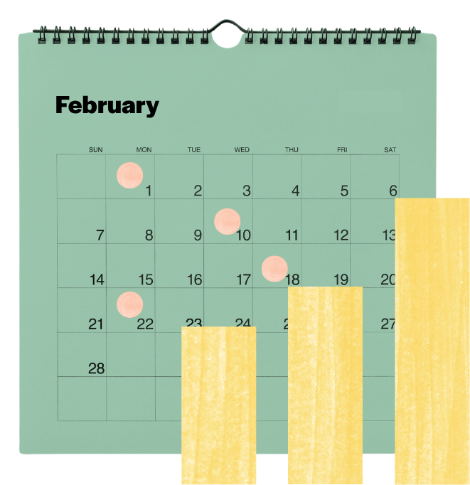 Collage of a calendar with red dots on certain dates and yellow chart
