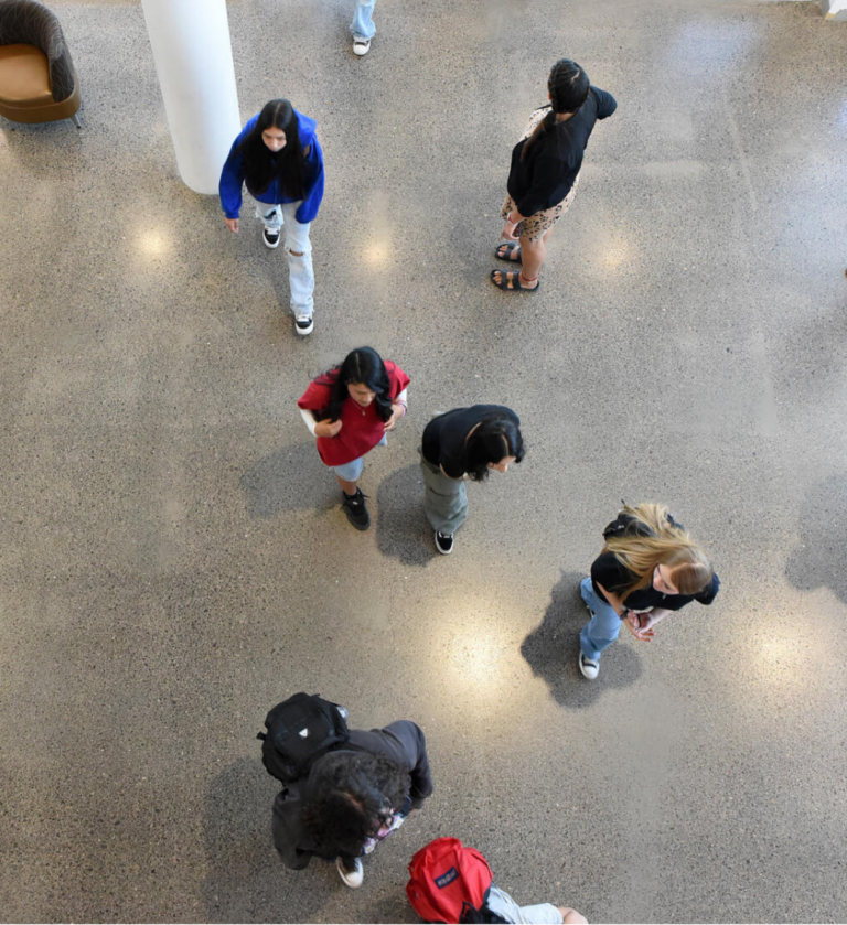A view from above of students entering school for the day.