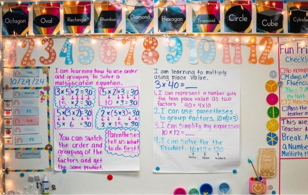 A busy, colorful classroom bulletin board packed with math notes.